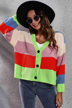 Striking Button Down Striped Knit Cardigan - MXSTUDIO.COM