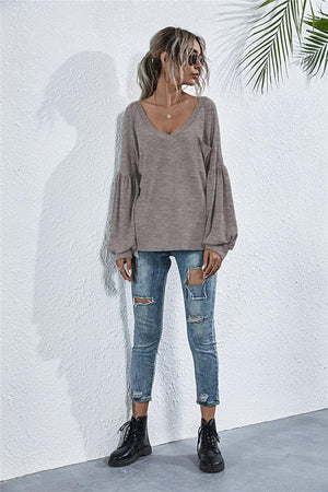 Stylish Comfort Knit V Neck Long Sleeve Top - MXSTUDIO.COM