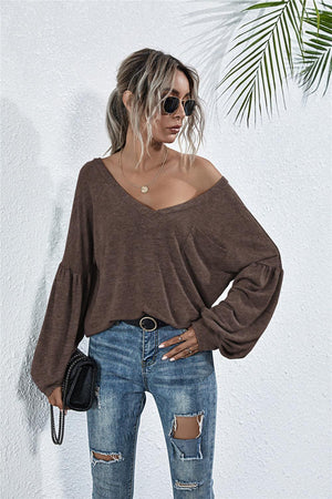 Stylish Comfort Knit V Neck Long Sleeve Top - MXSTUDIO.COM