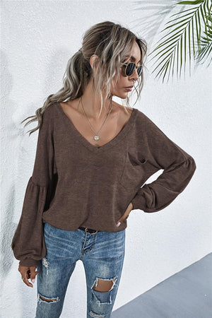 Stylish Comfort Knit V Neck Long Sleeve Top - MXSTUDIO.COM