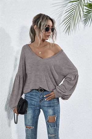 Stylish Comfort Knit V Neck Long Sleeve Top - MXSTUDIO.COM