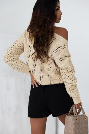 Stylishly Comfy Beige Open Knit Sweater-MXSTUDIO.COM