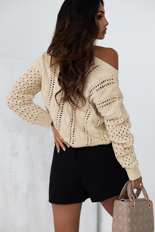 Stylishly Comfy Beige Open Knit Sweater-MXSTUDIO.COM
