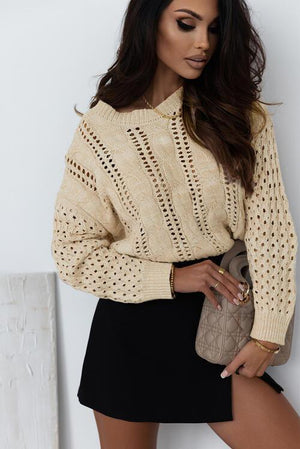 Stylishly Comfy Beige Open Knit Sweater-MXSTUDIO.COM