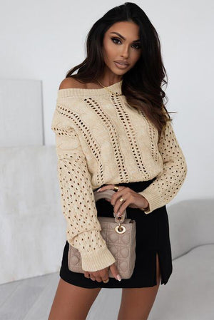 Stylishly Comfy Beige Open Knit Sweater-MXSTUDIO.COM