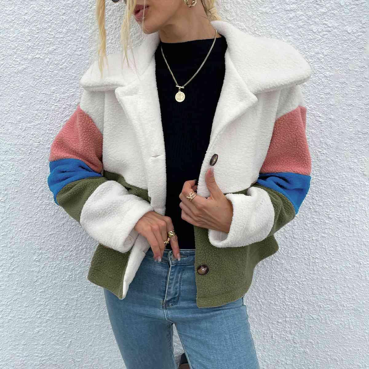 Stylishly Cozy Buttoned Color Block Fleece Jacket-MXSTUDIO.COM