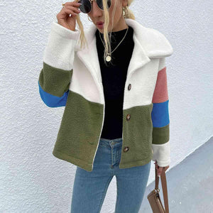Stylishly Cozy Buttoned Color Block Fleece Jacket-MXSTUDIO.COM