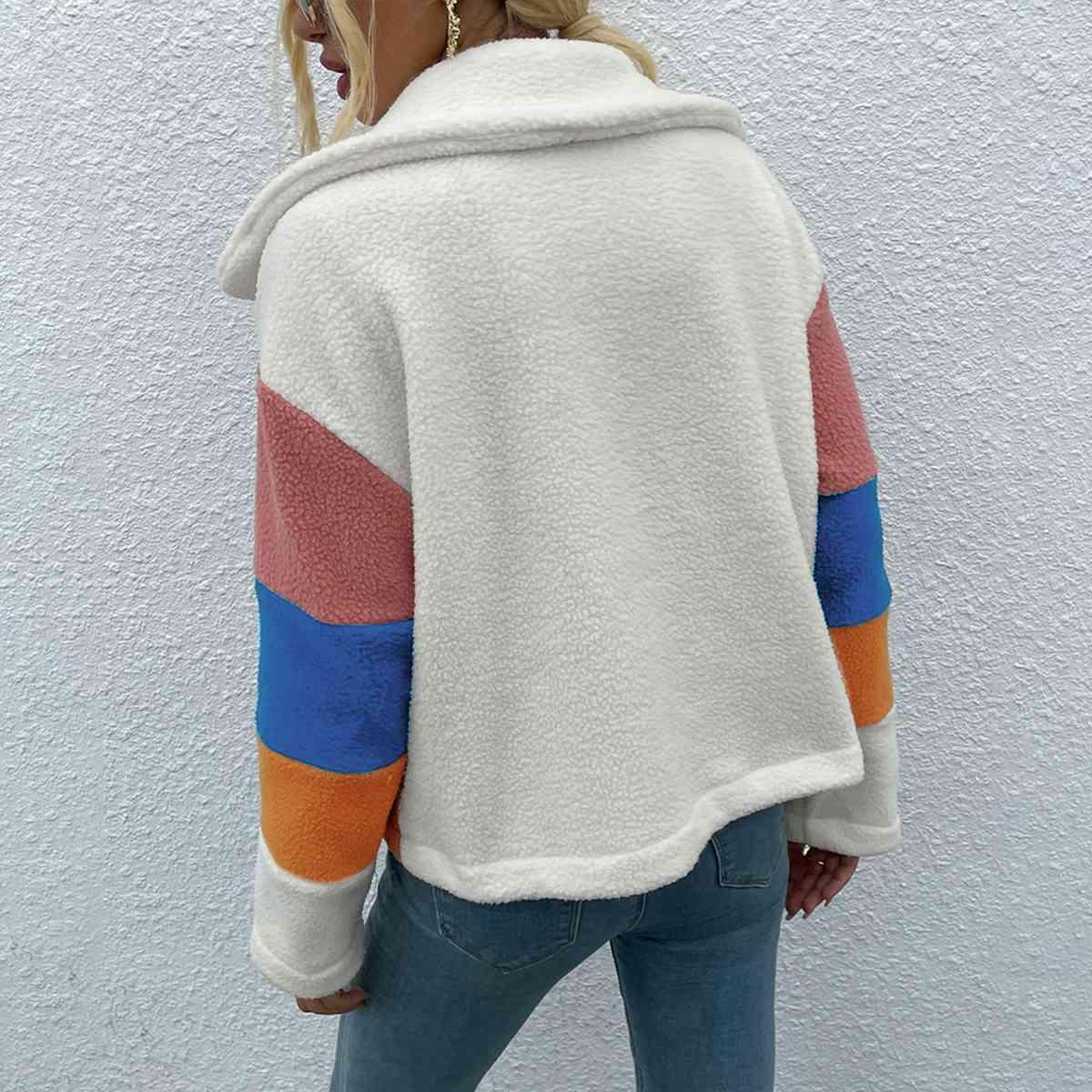 Stylishly Cozy Buttoned Color Block Fleece Jacket-MXSTUDIO.COM