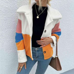 Stylishly Cozy Buttoned Color Block Fleece Jacket-MXSTUDIO.COM