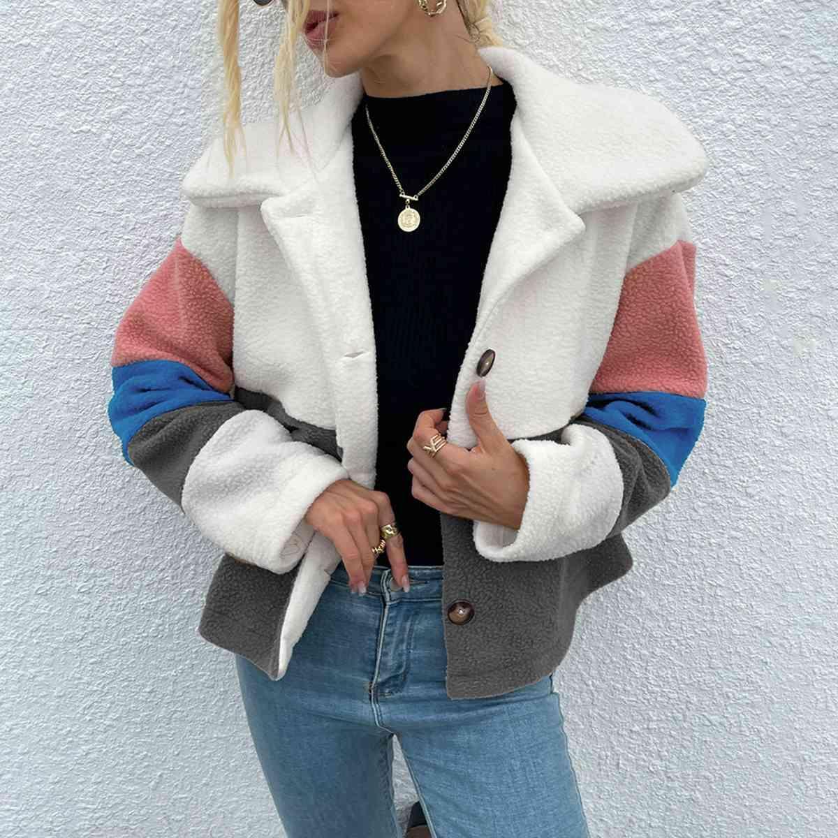 Stylishly Cozy Buttoned Color Block Fleece Jacket-MXSTUDIO.COM