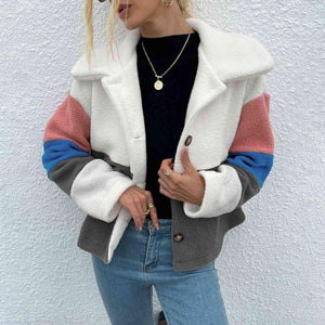 Stylishly Cozy Buttoned Color Block Fleece Jacket-MXSTUDIO.COM