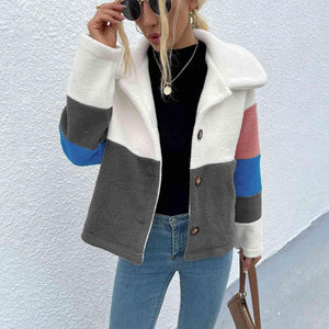 Stylishly Cozy Buttoned Color Block Fleece Jacket-MXSTUDIO.COM