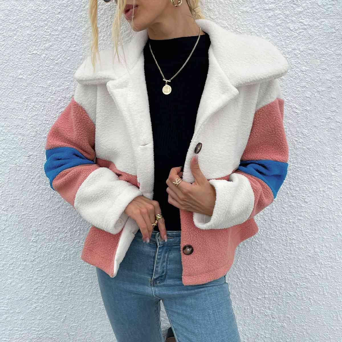 Stylishly Cozy Buttoned Color Block Fleece Jacket-MXSTUDIO.COM
