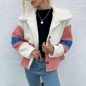 Stylishly Cozy Buttoned Color Block Fleece Jacket-MXSTUDIO.COM