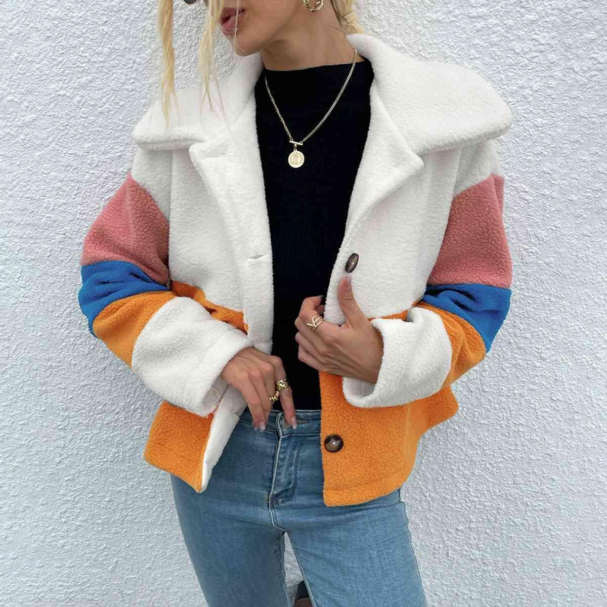 Stylishly Cozy Buttoned Color Block Fleece Jacket-MXSTUDIO.COM