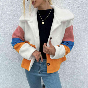 Stylishly Cozy Buttoned Color Block Fleece Jacket-MXSTUDIO.COM