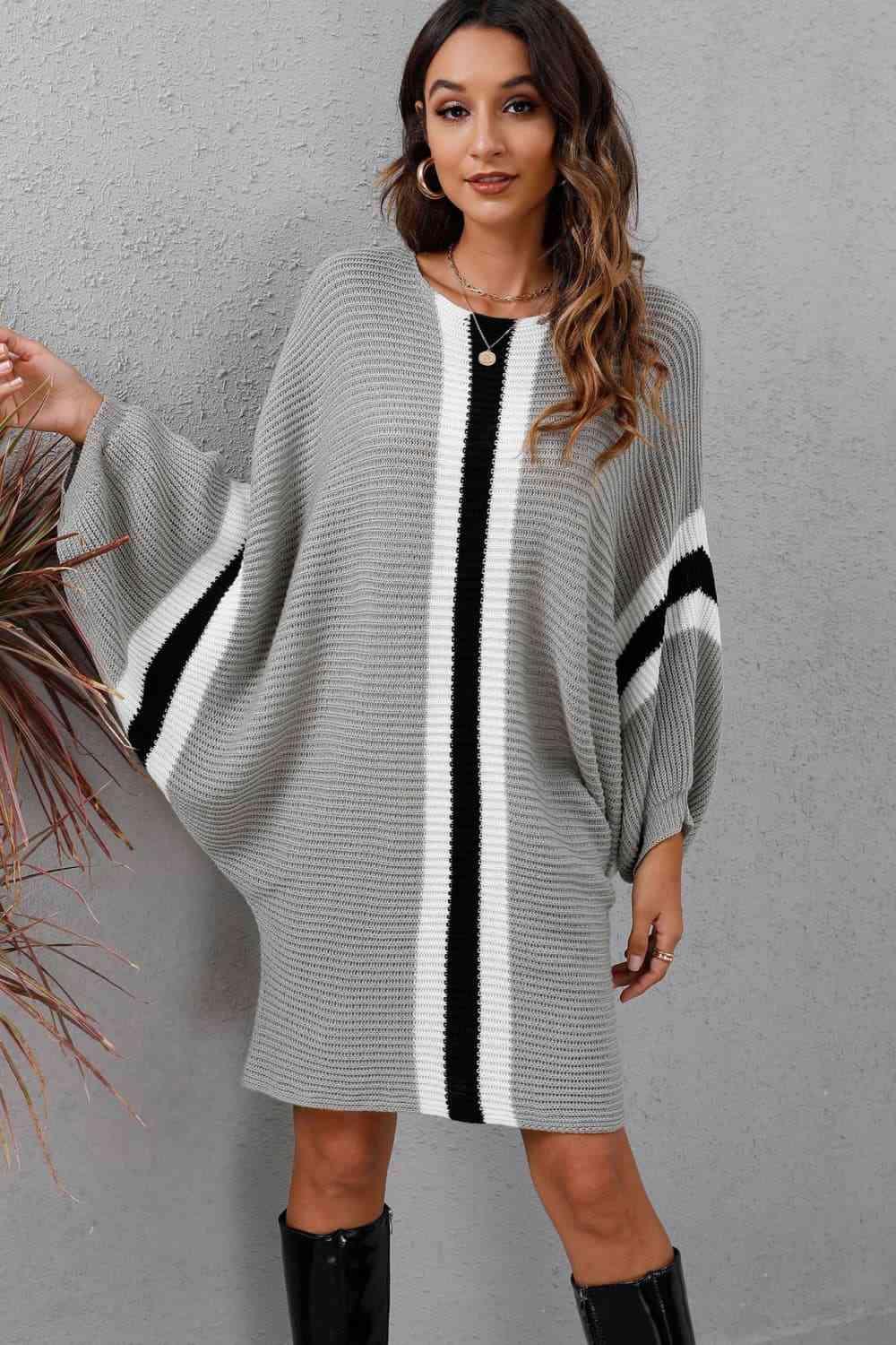 Stylishly Warm Rib Knit Dolman Sleeve Sweater Dress - MXSTUDIO.COM