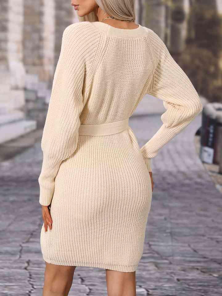 Stylishly Warm Surplice Neck Tie Waist Sweater Dress-MXSTUDIO.COM