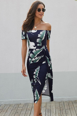 Summer Aesthetic Printed Off Shoulder Slit Dress - MXSTUDIO.COM