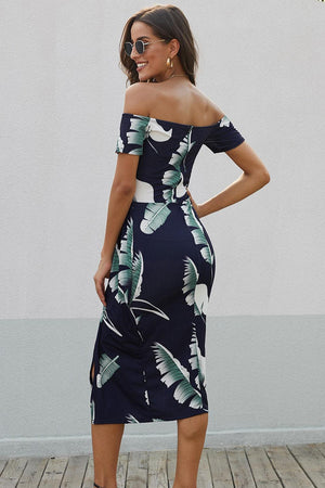 Summer Aesthetic Printed Off Shoulder Slit Dress - MXSTUDIO.COM