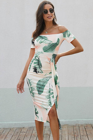 Summer Aesthetic Printed Off Shoulder Slit Dress - MXSTUDIO.COM