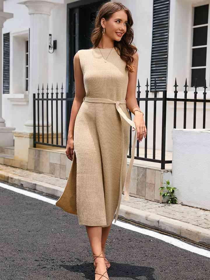 Summer Comfort Knit Slit Sleeveless Sweater Dress - MXSTUDIO.COM