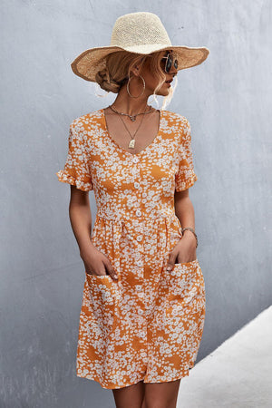 Summer Mystique Buttoned Floral Short Sleeve Dress - MXSTUDIO.COM