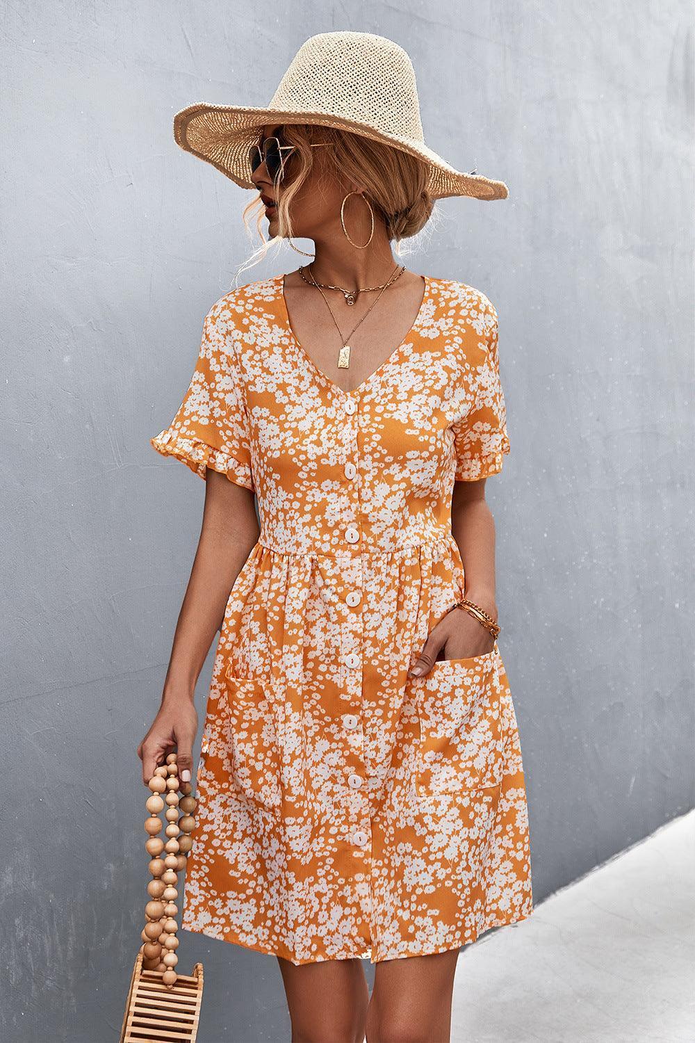 Summer Mystique Buttoned Floral Short Sleeve Dress - MXSTUDIO.COM
