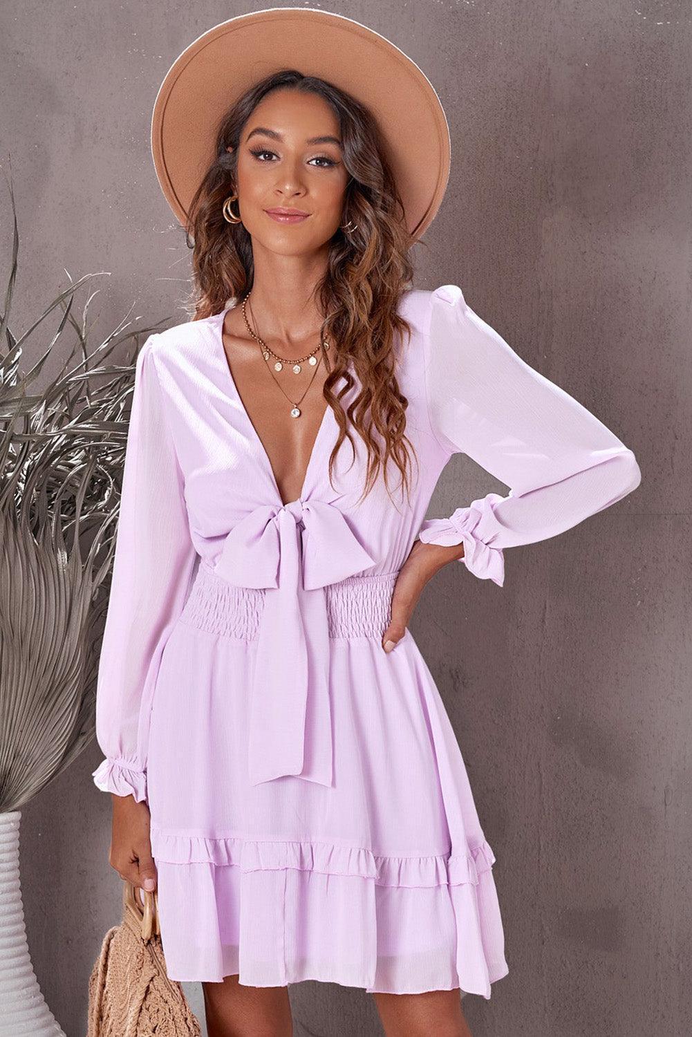 Summer Stunner Plunge Long Sleeve Tie Font Mini Dress - MXSTUDIO.COM