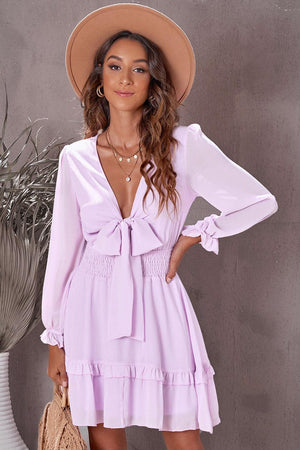 Summer Stunner Plunge Long Sleeve Tie Font Mini Dress - MXSTUDIO.COM