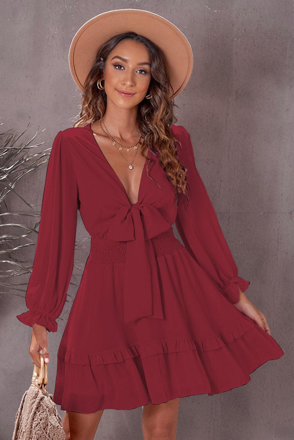 Summer Stunner Plunge Long Sleeve Tie Font Mini Dress - MXSTUDIO.COM