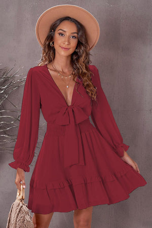 Summer Stunner Plunge Long Sleeve Tie Font Mini Dress - MXSTUDIO.COM