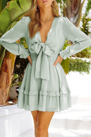 Summer Stunner Plunge Long Sleeve Tie Font Mini Dress - MXSTUDIO.COM