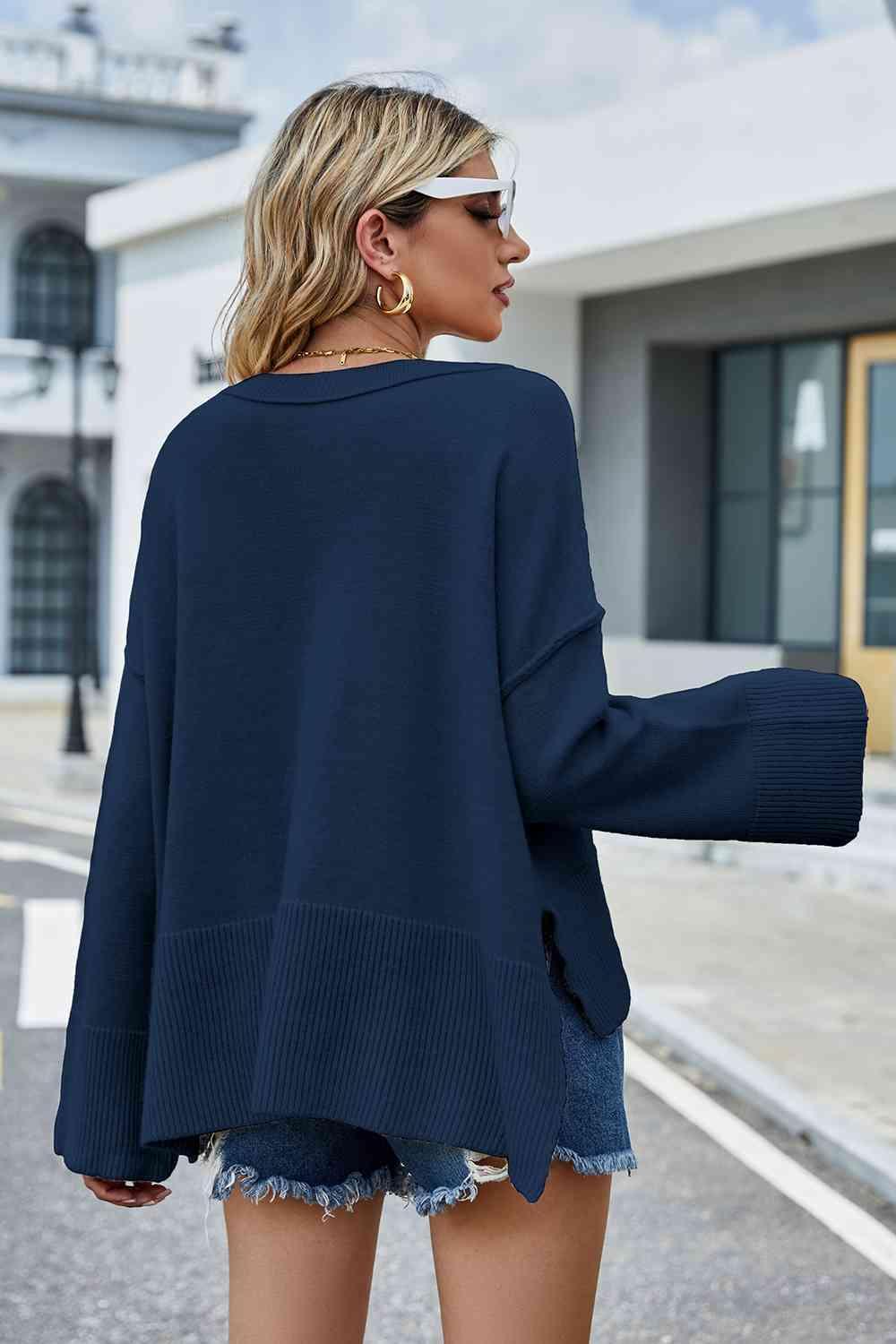 Superb Warmth Slit Dropped Shoulder Sweater - MXSTUDIO.COM