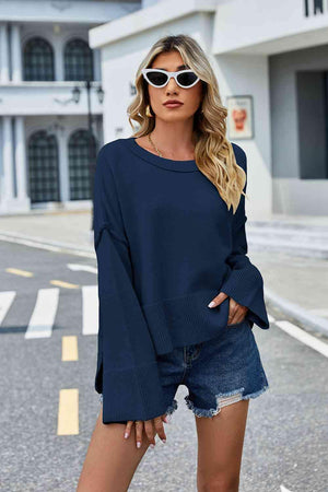 Superb Warmth Slit Dropped Shoulder Sweater - MXSTUDIO.COM