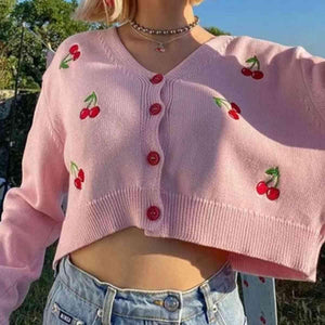 Sweet Chic Buttoned Cropped Cherry Cardigan-MXSTUDIO.COM