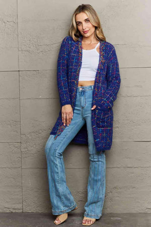 Take A Break Fringe Trim Open Front Long Plaid Cardigan - MXSTUDIO.COM
