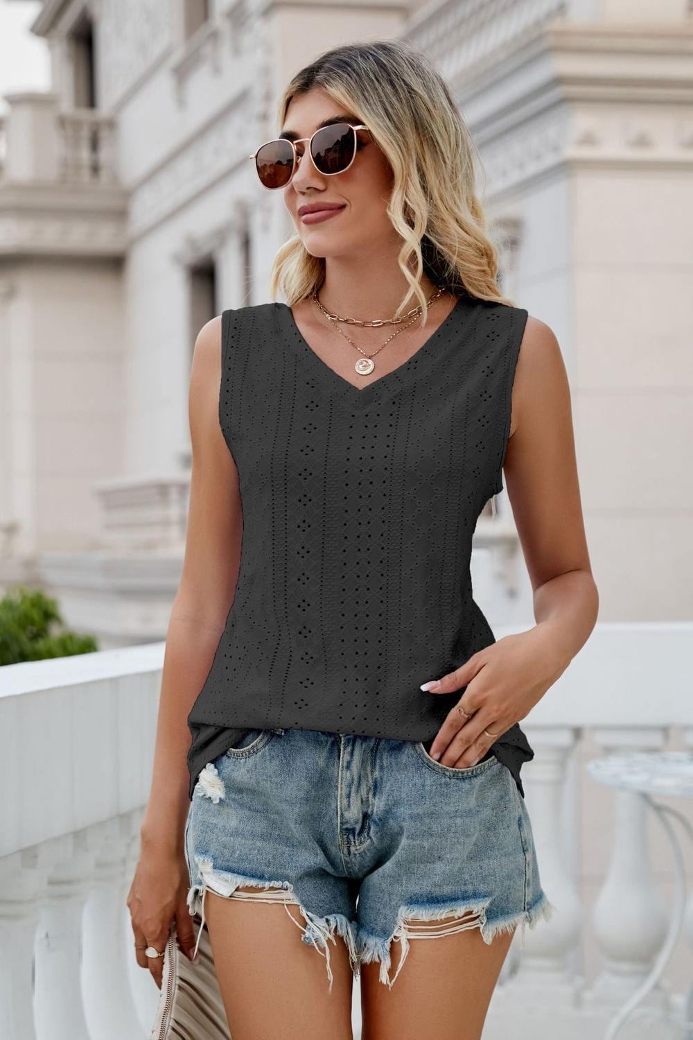 Take A Break V-Neck Eyelet Tank - MXSTUDIO.COM
