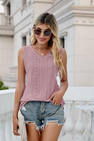 Take A Break V-Neck Eyelet Tank - MXSTUDIO.COM
