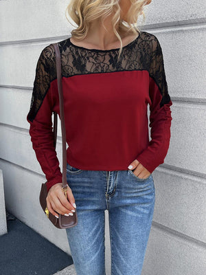 Take It Easy Crew Neck Long Sleeve Lace Top - MXSTUDIO.COM