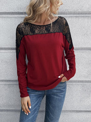 Take It Easy Crew Neck Long Sleeve Lace Top - MXSTUDIO.COM