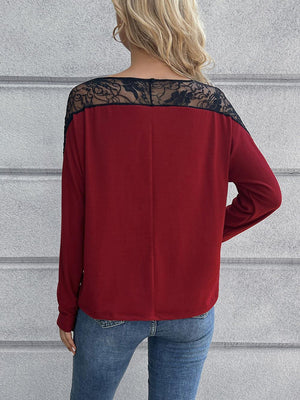 Take It Easy Crew Neck Long Sleeve Lace Top - MXSTUDIO.COM
