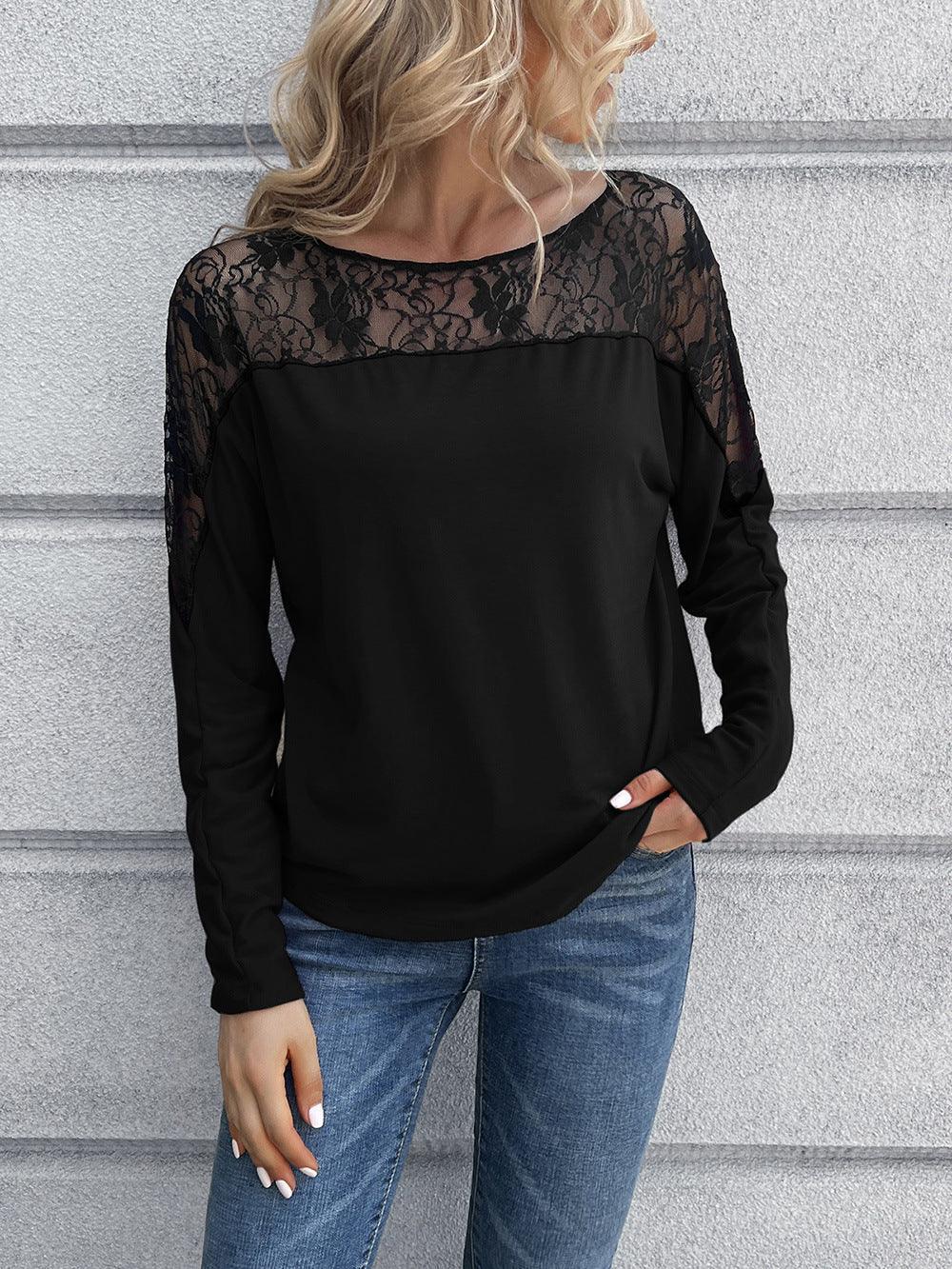 Take It Easy Crew Neck Long Sleeve Lace Top - MXSTUDIO.COM
