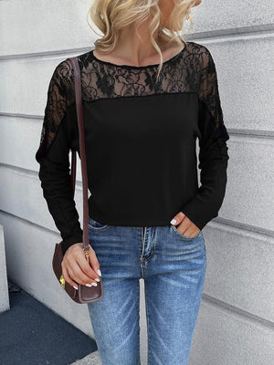 Take It Easy Crew Neck Long Sleeve Lace Top - MXSTUDIO.COM