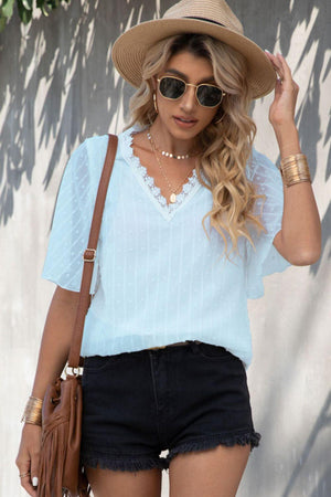 Take Life Easy Swiss Dot Flutter Sleeve Lace Blouse - MXSTUDIO.COM