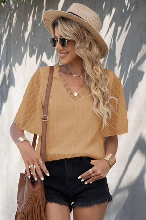 Take Life Easy Swiss Dot Flutter Sleeve Lace Blouse - MXSTUDIO.COM