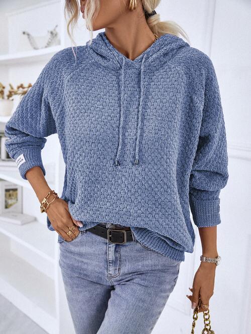 Textured Drawstring Long Sleeve Sweater Hoodie-MXSTUDIO.COM