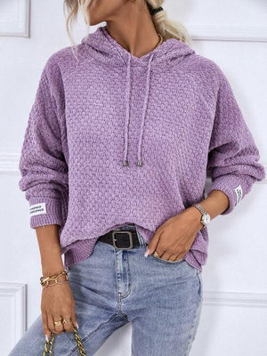 Textured Drawstring Long Sleeve Sweater Hoodie-MXSTUDIO.COM