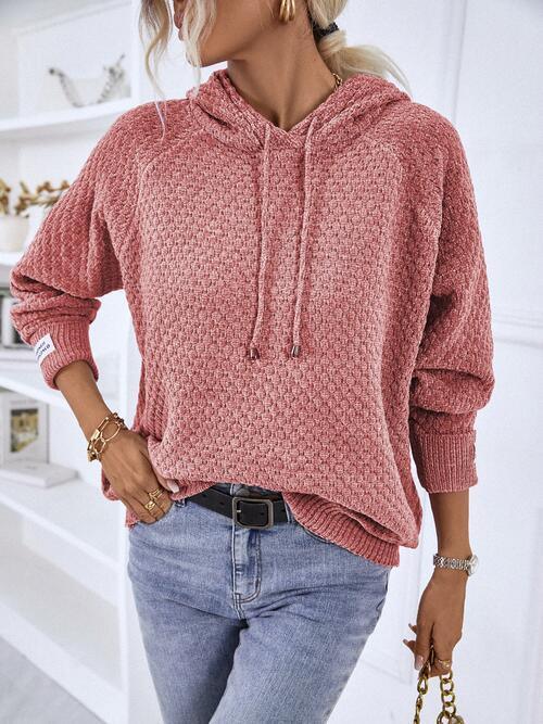 Textured Drawstring Long Sleeve Sweater Hoodie-MXSTUDIO.COM