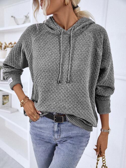 Textured Drawstring Long Sleeve Sweater Hoodie-MXSTUDIO.COM